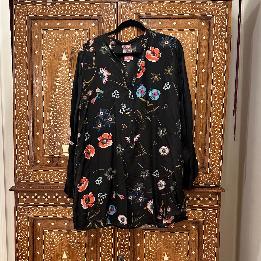 Johnny Was Silk Black Blouse With Colorful Embroidery
